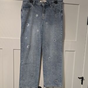 Cato Light Blue Straight Leg Jeans with Floral Details